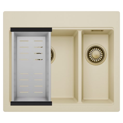 HD Aspen Beige 58 kétmedencés gránit mosogatótálca szett, acél csepegtetőkosárral, soft bézs színben, szálcsiszolt arany leeresztő szifonnal