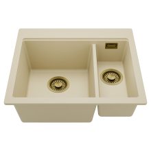 HD Aspen Beige 58 kétmedencés gránit mosogatótálca, soft bézs színben, szálcsiszolt arany leeresztő szifonnal