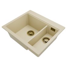 HD Aspen Beige 58 kétmedencés gránit mosogatótálca, soft bézs színben, szálcsiszolt arany leeresztő szifonnal