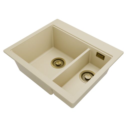 HD Aspen Beige 58 kétmedencés gránit mosogatótálca, soft bézs színben, szálcsiszolt arany leeresztő szifonnal