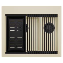 HD Aspen Beige 58 kétmedencés gránit mosogatótálca szett, matt fekete csepegtetőráccsal és kosárral, soft bézs színben, matt fekete leeresztő szifonnal