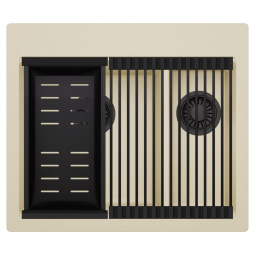 HD Aspen Beige 58 kétmedencés gránit mosogatótálca szett, matt fekete csepegtetőráccsal és kosárral, soft bézs színben, matt fekete leeresztő szifonnal