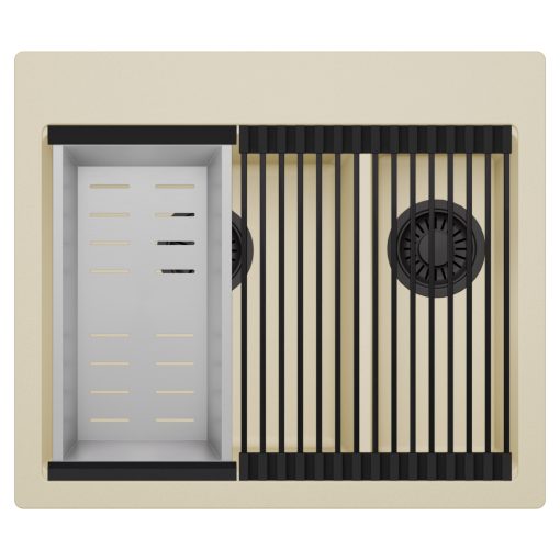 HD Aspen Beige 58 kétmedencés gránit mosogatótálca szett, matt fekete csepegtetőráccsal és krómozott kosárral, soft bézs színben, matt fekete leeresztő szifonnal