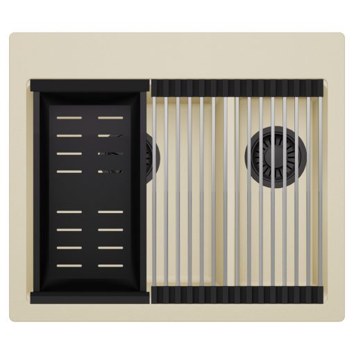 HD Aspen Beige 58 kétmedencés gránit mosogatótálca szett, acél csepegtetőráccsal és matt fekete kosárral, soft bézs színben, matt fekete leeresztő szifonnal