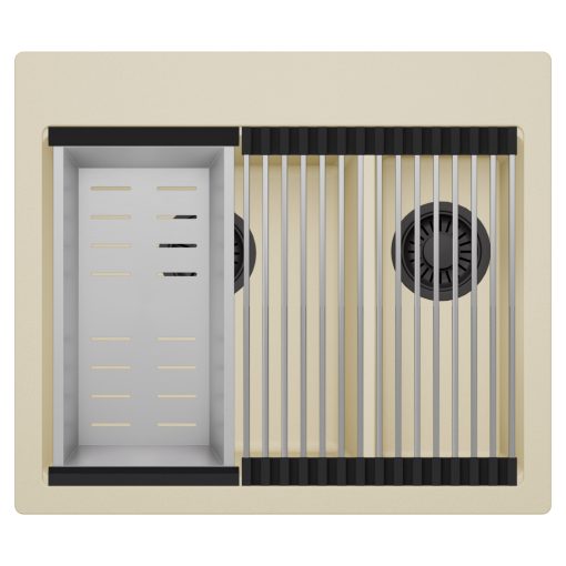 HD Aspen Beige 58 kétmedencés gránit mosogatótálca szett, acél csepegtetőráccsal és kosárral, soft bézs színben, matt fekete leeresztő szifonnal