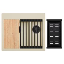 HD Aspen Beige 58 kétmedencés gránit mosogatótálca szett, vágódeszkával, matt fekete csepegtetőráccsal és kosárral, soft bézs színben, matt fekete leeresztő szifonnal