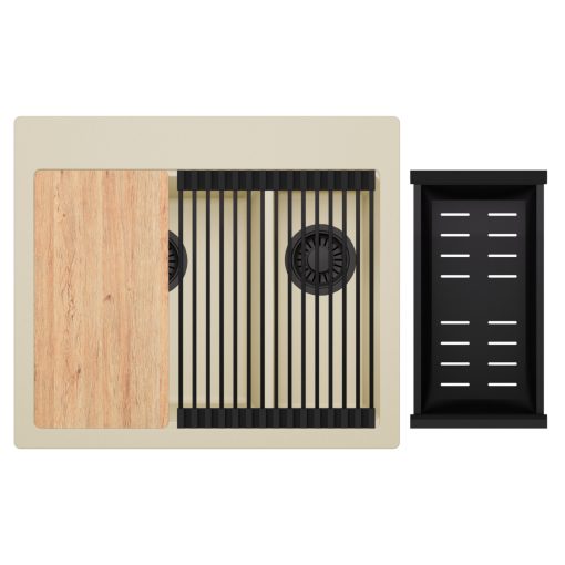 HD Aspen Beige 58 kétmedencés gránit mosogatótálca szett, vágódeszkával, matt fekete csepegtetőráccsal és kosárral, soft bézs színben, matt fekete leeresztő szifonnal