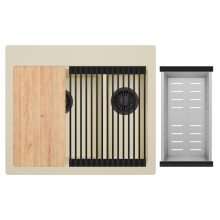 HD Aspen Beige 58 kétmedencés gránit mosogatótálca szett, vágódeszkával, matt fekete csepegtetőráccsal és krómozott kosárral, soft bézs színben, matt fekete leeresztő szifonnal