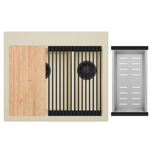 HD Aspen Beige 58 kétmedencés gránit mosogatótálca szett, vágódeszkával, matt fekete csepegtetőráccsal és krómozott kosárral, soft bézs színben, matt fekete leeresztő szifonnal