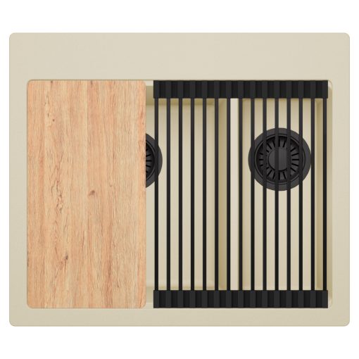 HD Aspen Beige 58 kétmedencés gránit mosogatótálca szett, vágódeszkával, matt fekete csepegtetőráccsal, soft bézs színben, matt fekete leeresztő szifonnal