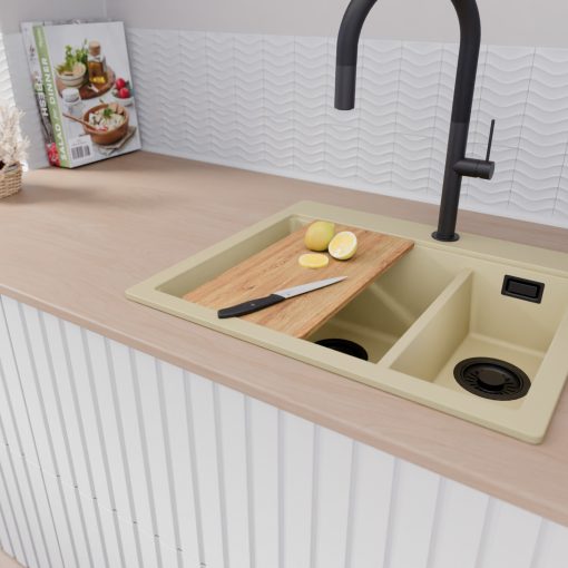 HD Aspen Beige 58 kétmedencés gránit mosogatótálca szett, vágódeszkával, matt fekete csepegtetőráccsal, soft bézs színben, matt fekete leeresztő szifonnal