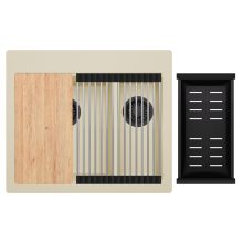 HD Aspen Beige 58 kétmedencés gránit mosogatótálca szett, vágódeszkával, acél csepegtetőráccsal és matt fekete kosárral, soft bézs színben, matt fekete leeresztő szifonnal