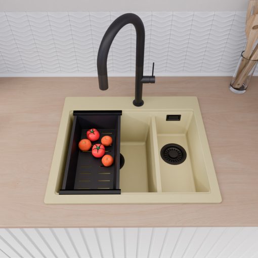 HD Aspen Beige 58 kétmedencés gránit mosogatótálca szett, vágódeszkával, acél csepegtetőráccsal és matt fekete kosárral, soft bézs színben, matt fekete leeresztő szifonnal