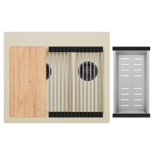 HD Aspen Beige 58 kétmedencés gránit mosogatótálca szett, vágódeszkával, acél csepegtetőráccsal és kosárral, soft bézs színben, matt fekete leeresztő szifonnal