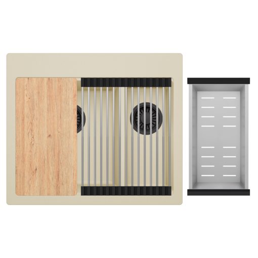 HD Aspen Beige 58 kétmedencés gránit mosogatótálca szett, vágódeszkával, acél csepegtetőráccsal és kosárral, soft bézs színben, matt fekete leeresztő szifonnal