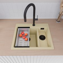 HD Aspen Beige 58 kétmedencés gránit mosogatótálca szett, vágódeszkával, acél csepegtetőráccsal és kosárral, soft bézs színben, matt fekete leeresztő szifonnal