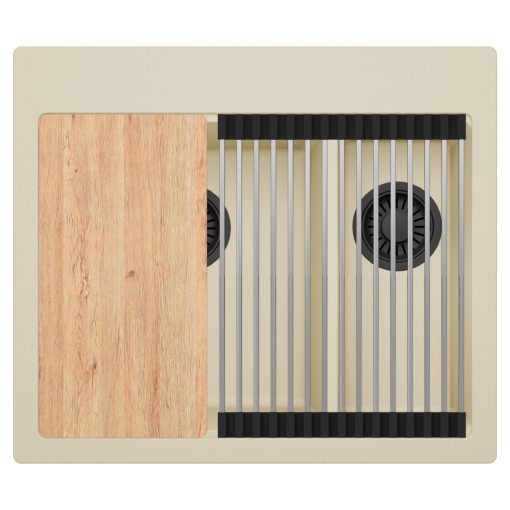 HD Aspen Beige 58 kétmedencés gránit mosogatótálca szett, vágódeszkával, acél csepegtetőráccsal, soft bézs színben, matt fekete leeresztő szifonnal