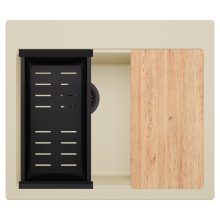 HD Aspen Beige 58 kétmedencés gránit mosogatótálca szett, vágódeszkával, matt fekete csepegtetőkosárral, soft bézs színben, matt fekete leeresztő szifonnal