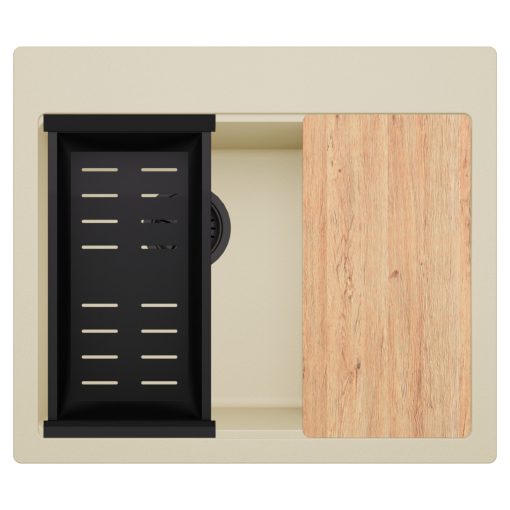 HD Aspen Beige 58 kétmedencés gránit mosogatótálca szett, vágódeszkával, matt fekete csepegtetőkosárral, soft bézs színben, matt fekete leeresztő szifonnal