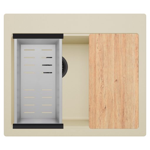 HD Aspen Beige 58 kétmedencés gránit mosogatótálca szett, vágódeszkával, acél csepegtetőkosárral, soft bézs színben, matt fekete leeresztő szifonnal