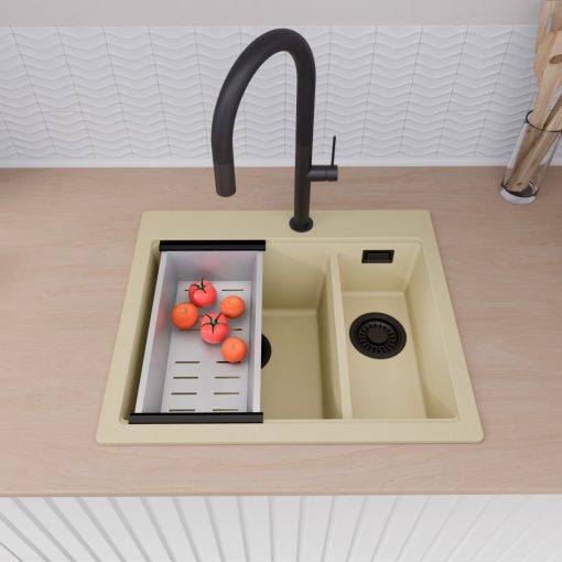 HD Aspen Beige 58 kétmedencés gránit mosogatótálca szett, vágódeszkával, acél csepegtetőkosárral, soft bézs színben, matt fekete leeresztő szifonnal