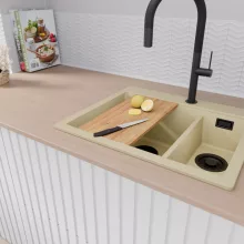 HD Aspen Beige 58 kétmedencés gránit mosogatótálca, vágódeszkával, soft bézs színben, matt fekete leeresztő szifonnal