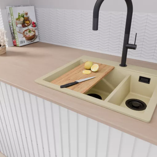 HD Aspen Beige 58 kétmedencés gránit mosogatótálca, vágódeszkával, soft bézs színben, matt fekete leeresztő szifonnal