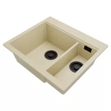 HD Aspen Beige 58 kétmedencés gránit mosogatótálca, vágódeszkával, soft bézs színben, matt fekete leeresztő szifonnal