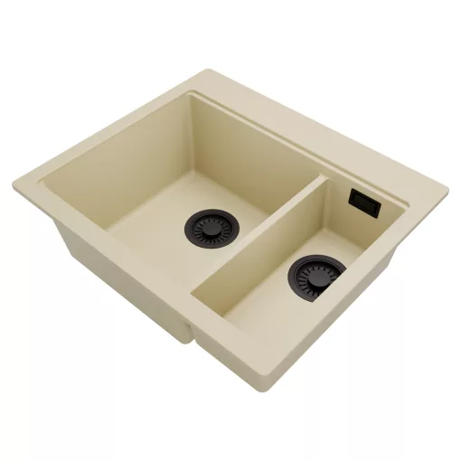 HD Aspen Beige 58 kétmedencés gránit mosogatótálca, vágódeszkával, soft bézs színben, matt fekete leeresztő szifonnal