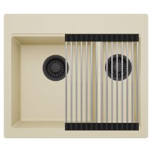 HD Aspen Beige 58 kétmedencés gránit mosogatótálca szett, acél csepegtetőráccsal, soft bézs színben, matt fekete leeresztő szifonnal