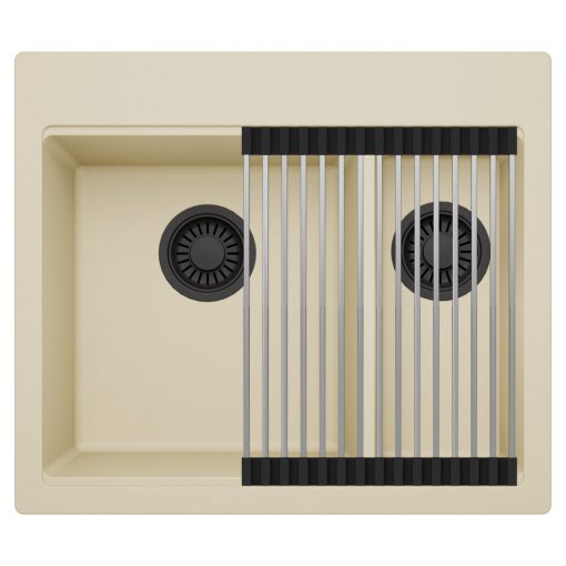 HD Aspen Beige 58 kétmedencés gránit mosogatótálca szett, acél csepegtetőráccsal, soft bézs színben, matt fekete leeresztő szifonnal