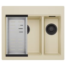 HD Aspen Beige 58 kétmedencés gránit mosogatótálca szett, acél csepegtetőkosárral, soft bézs színben, matt fekete leeresztő szifonnal