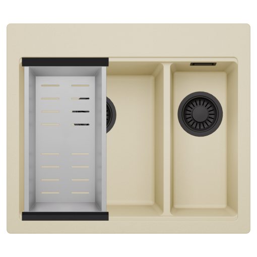 HD Aspen Beige 58 kétmedencés gránit mosogatótálca szett, acél csepegtetőkosárral, soft bézs színben, matt fekete leeresztő szifonnal