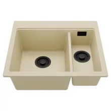 HD Aspen Beige 58 kétmedencés gránit mosogatótálca, soft bézs színben, matt fekete leeresztő szifonnal