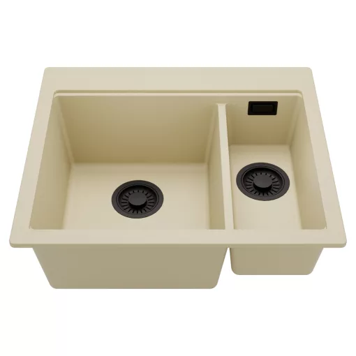 HD Aspen Beige 58 kétmedencés gránit mosogatótálca, soft bézs színben, matt fekete leeresztő szifonnal