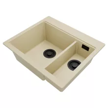 HD Aspen Beige 58 kétmedencés gránit mosogatótálca, soft bézs színben, matt fekete leeresztő szifonnal