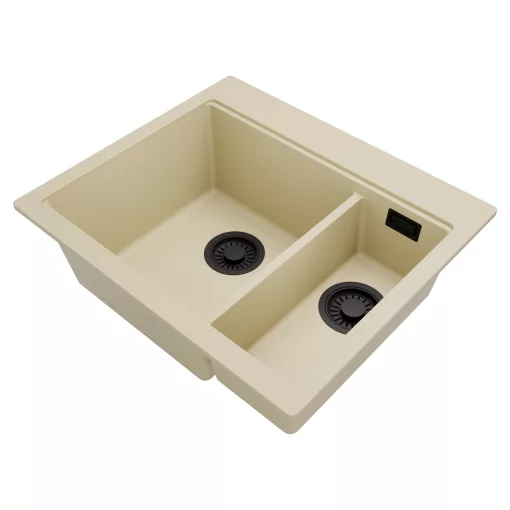 HD Aspen Beige 58 kétmedencés gránit mosogatótálca, soft bézs színben, matt fekete leeresztő szifonnal