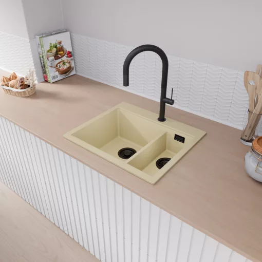 HD Aspen Beige 58 kétmedencés gránit mosogatótálca, soft bézs színben, matt fekete leeresztő szifonnal