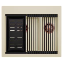 HD Aspen Beige 58 kétmedencés gránit mosogatótálca szett, matt fekete csepegtetőráccsal és kosárral, soft bézs színben, szálcsiszolt réz leeresztő szifonnal