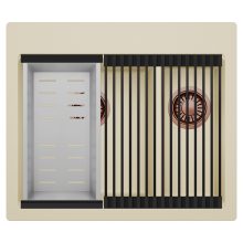 HD Aspen Beige 58 kétmedencés gránit mosogatótálca szett, matt fekete csepegtetőráccsal és krómozott kosárral, soft bézs színben, szálcsiszolt réz leeresztő szifonnal