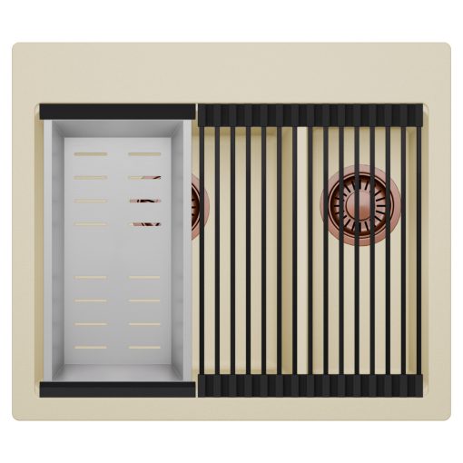 HD Aspen Beige 58 kétmedencés gránit mosogatótálca szett, matt fekete csepegtetőráccsal és krómozott kosárral, soft bézs színben, szálcsiszolt réz leeresztő szifonnal