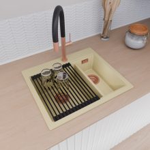 HD Aspen Beige 58 kétmedencés gránit mosogatótálca szett, matt fekete csepegtetőráccsal és krómozott kosárral, soft bézs színben, szálcsiszolt réz leeresztő szifonnal