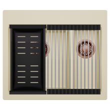 HD Aspen Beige 58 kétmedencés gránit mosogatótálca szett, acél csepegtetőráccsal és matt fekete kosárral, soft bézs színben, szálcsiszolt réz leeresztő szifonnal