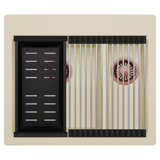 HD Aspen Beige 58 kétmedencés gránit mosogatótálca szett, acél csepegtetőráccsal és matt fekete kosárral, soft bézs színben, szálcsiszolt réz leeresztő szifonnal