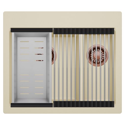 HD Aspen Beige 58 kétmedencés gránit mosogatótálca szett, acél csepegtetőráccsal és kosárral, soft bézs színben, szálcsiszolt réz leeresztő szifonnal