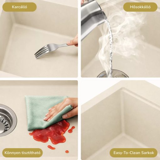 HD Aspen Beige 58 kétmedencés gránit mosogatótálca szett, acél csepegtetőráccsal és kosárral, soft bézs színben, szálcsiszolt réz leeresztő szifonnal