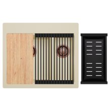 HD Aspen Beige 58 kétmedencés gránit mosogatótálca szett, vágódeszkával, matt fekete csepegtetőráccsal és kosárral, soft bézs színben, szálcsiszolt réz leeresztő szifonnal