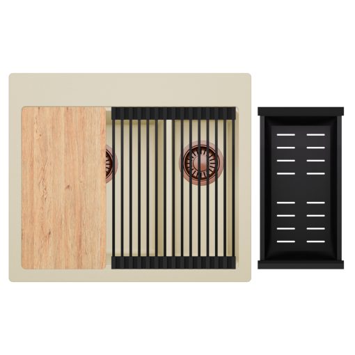 HD Aspen Beige 58 kétmedencés gránit mosogatótálca szett, vágódeszkával, matt fekete csepegtetőráccsal és kosárral, soft bézs színben, szálcsiszolt réz leeresztő szifonnal