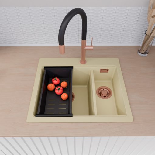 HD Aspen Beige 58 kétmedencés gránit mosogatótálca szett, vágódeszkával, matt fekete csepegtetőráccsal és kosárral, soft bézs színben, szálcsiszolt réz leeresztő szifonnal