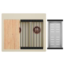 HD Aspen Beige 58 kétmedencés gránit mosogatótálca szett, vágódeszkával, matt fekete csepegtetőráccsal és krómozott kosárral, soft bézs színben, szálcsiszolt réz leeresztő szifonnal